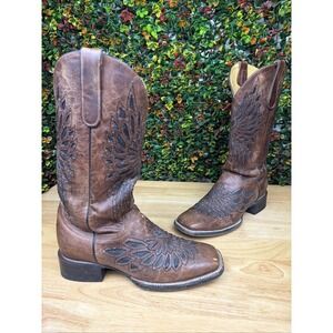 Cavenders Cowboy Brown Boots‎ Crystals Fabric Inlay Snip Toe Women's 9 9B Shoes